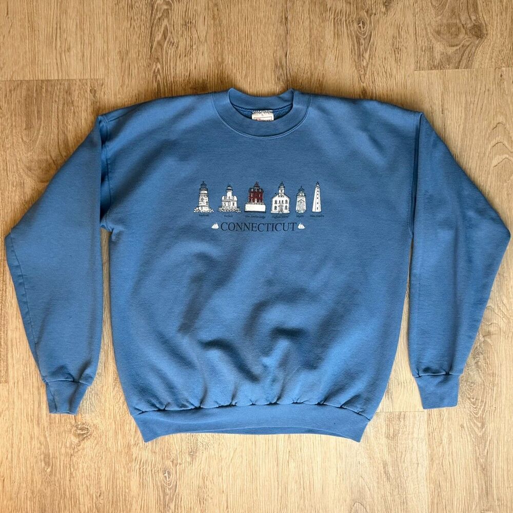 Hanes Connecticut Lighthouse Graphic Sweatshirt Blue XL Vintage